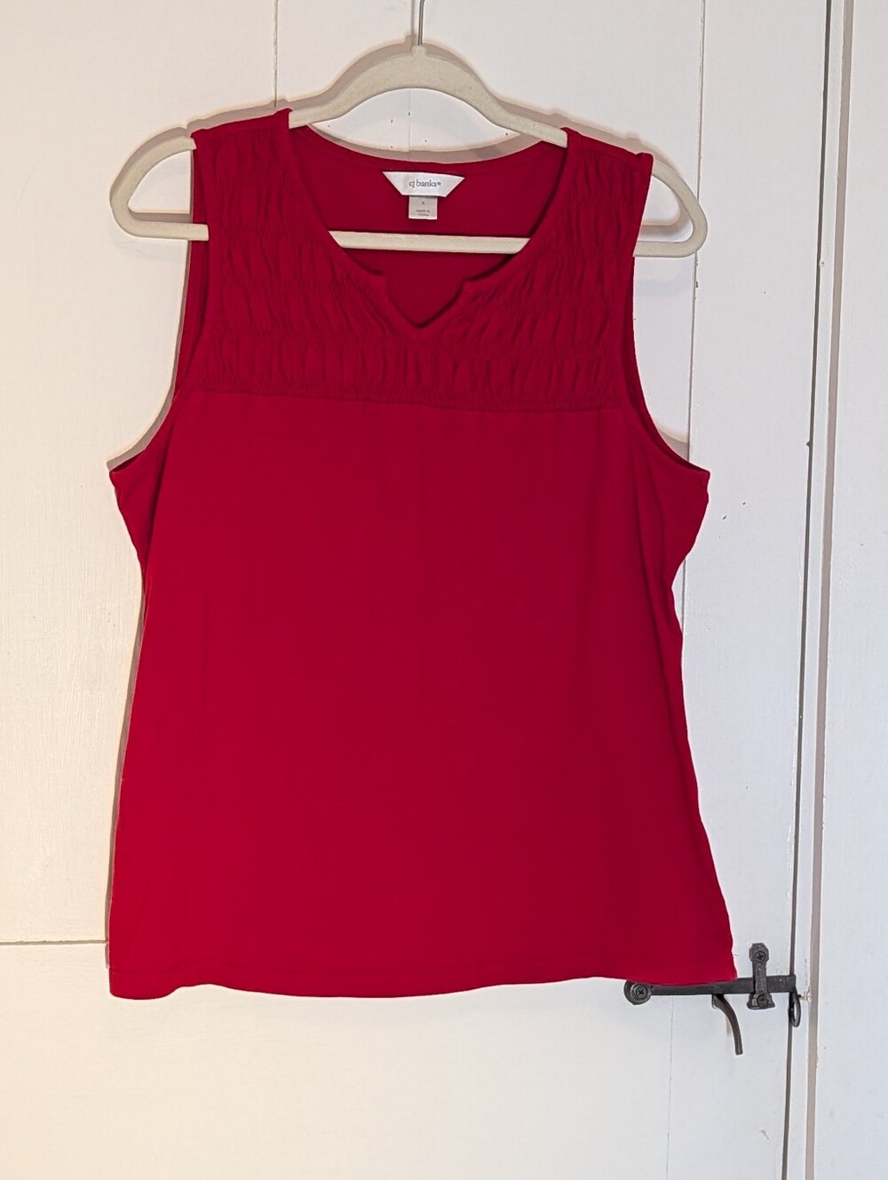 CJ Banks Top Bright Red Sleeveless 1X Smocked Top 100% Cotton Timeless Layer